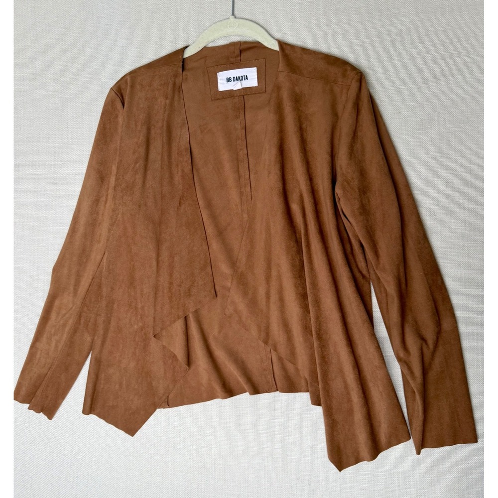 BB Dakota Faux Suede Jacket Brown Small | Open Front Draped Waterfall